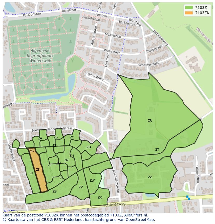 Afbeelding van het postcodegebied 7103 ZK op de kaart.