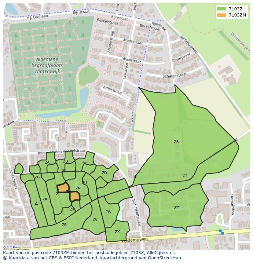 Afbeelding van het postcodegebied 7103 ZM op de kaart.