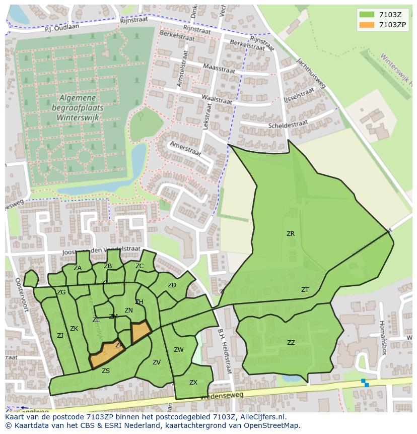 Afbeelding van het postcodegebied 7103 ZP op de kaart.