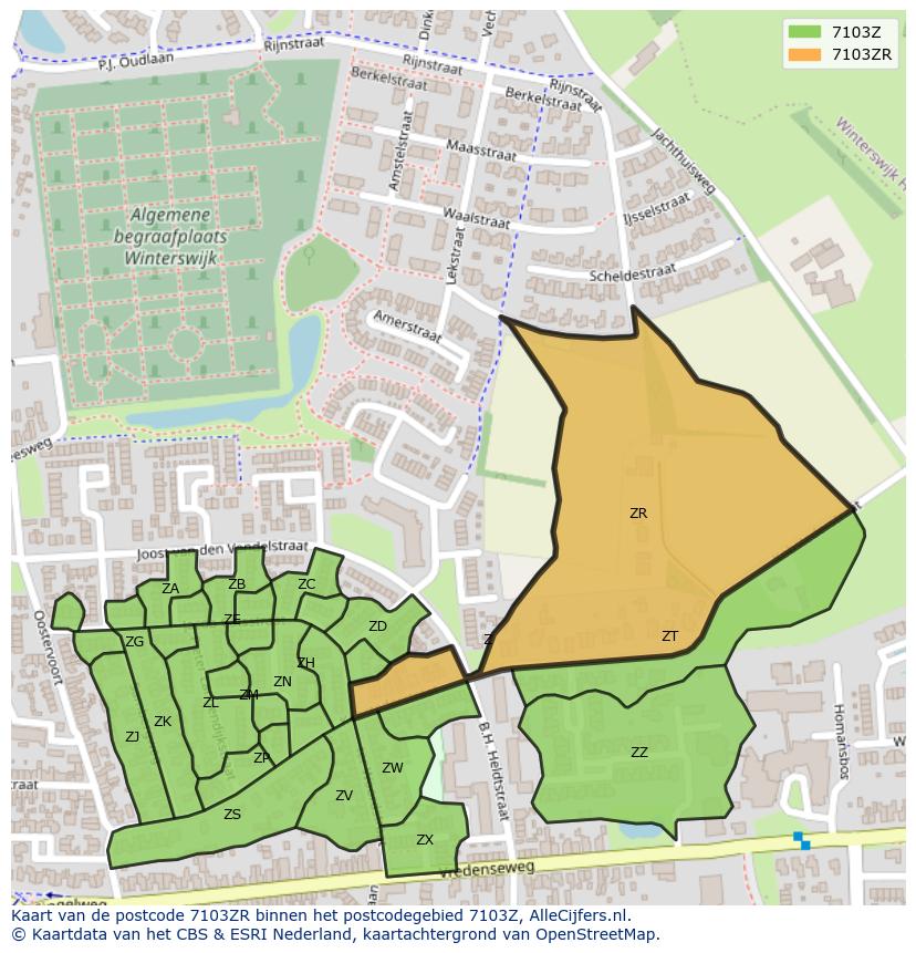 Afbeelding van het postcodegebied 7103 ZR op de kaart.