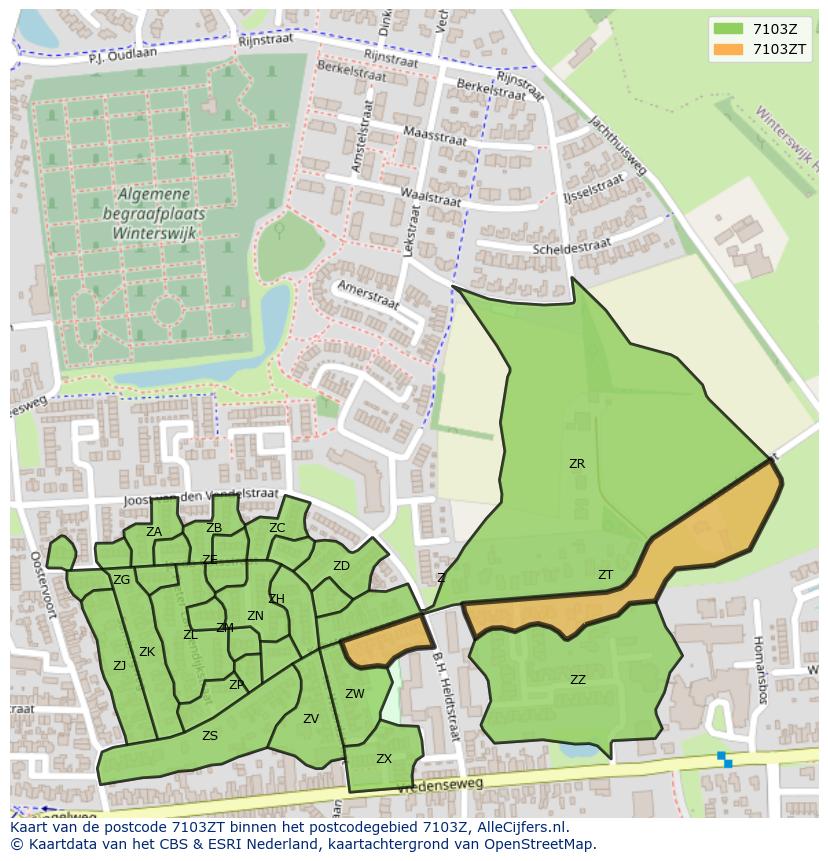 Afbeelding van het postcodegebied 7103 ZT op de kaart.