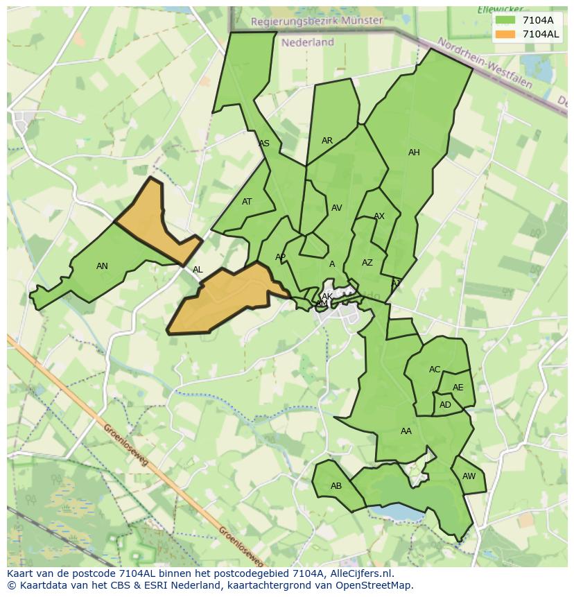 Afbeelding van het postcodegebied 7104 AL op de kaart.