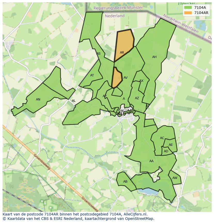 Afbeelding van het postcodegebied 7104 AR op de kaart.