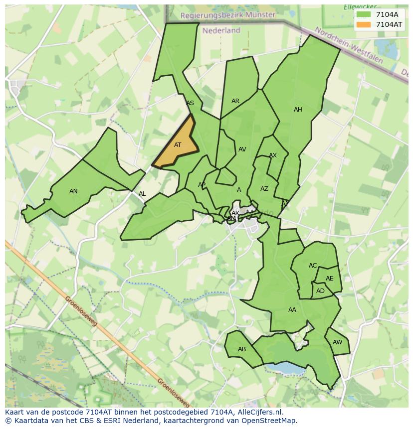 Afbeelding van het postcodegebied 7104 AT op de kaart.