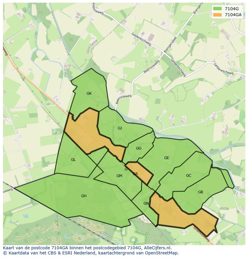 Afbeelding van het postcodegebied 7104 GA op de kaart.