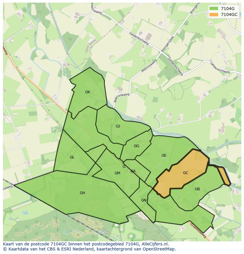 Afbeelding van het postcodegebied 7104 GC op de kaart.