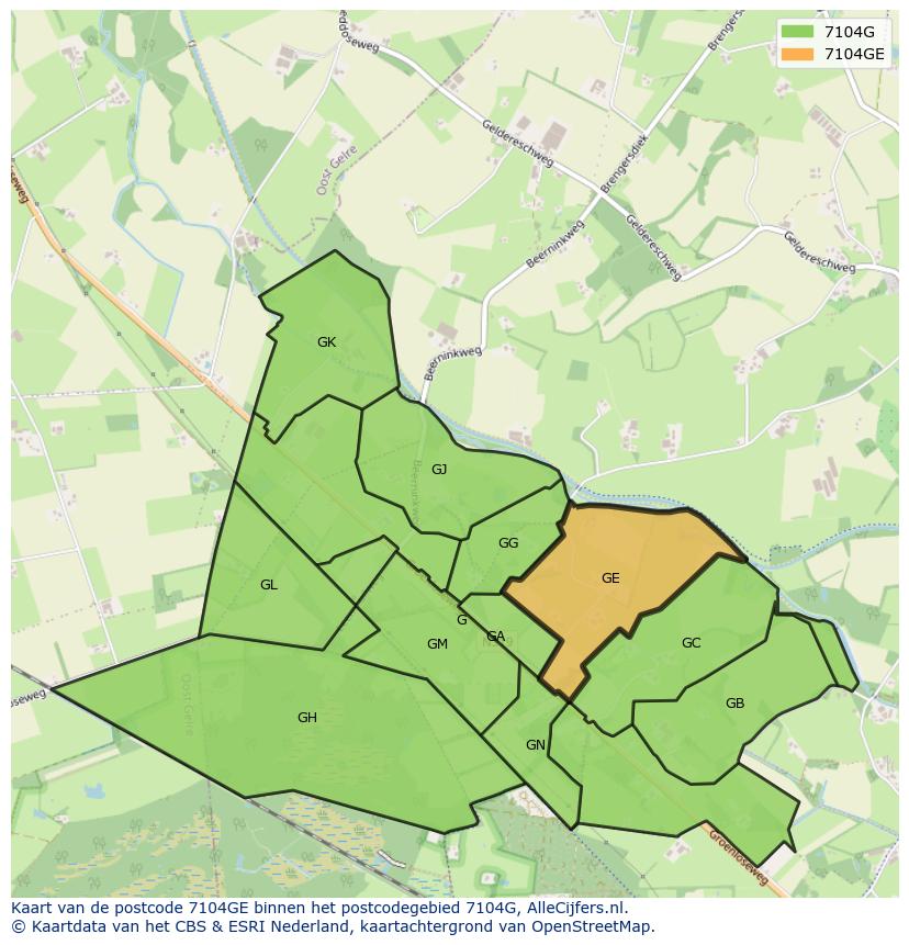 Afbeelding van het postcodegebied 7104 GE op de kaart.
