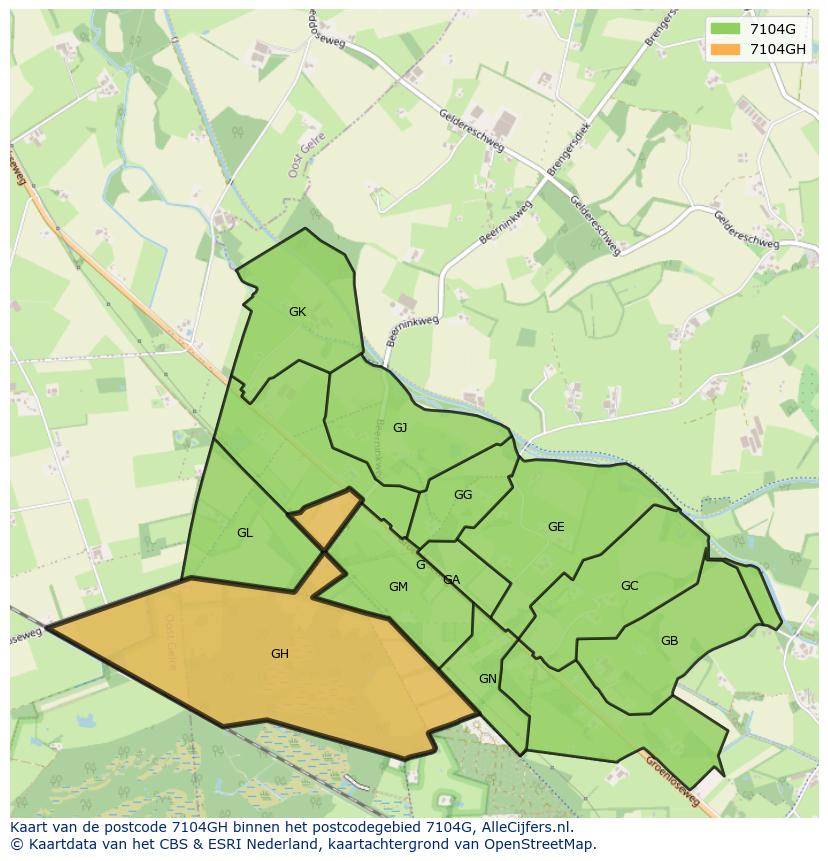 Afbeelding van het postcodegebied 7104 GH op de kaart.
