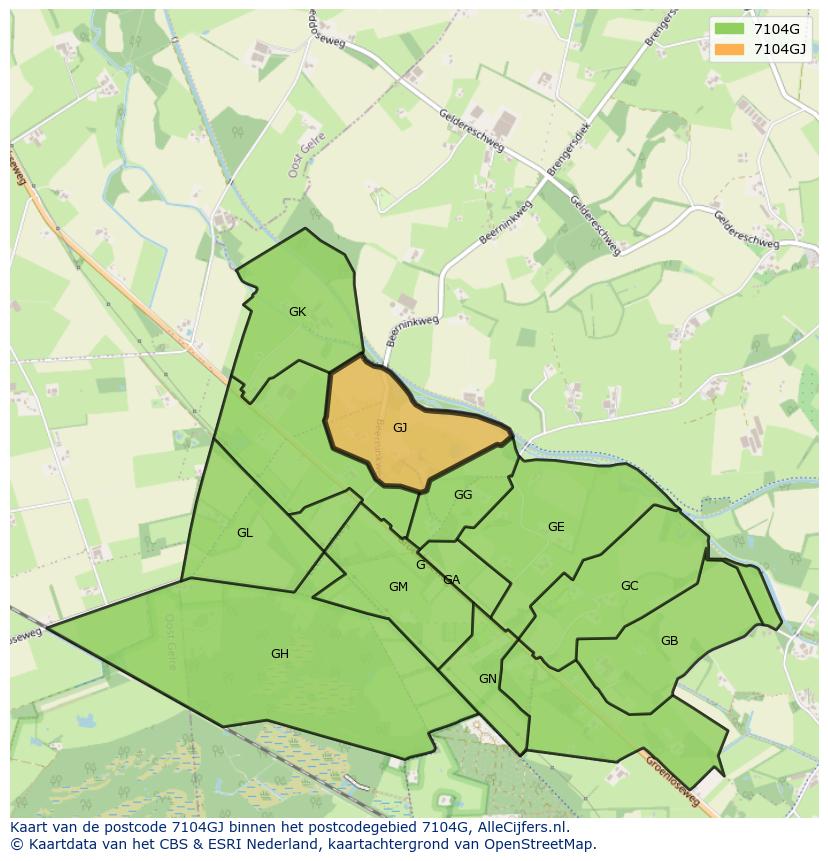 Afbeelding van het postcodegebied 7104 GJ op de kaart.