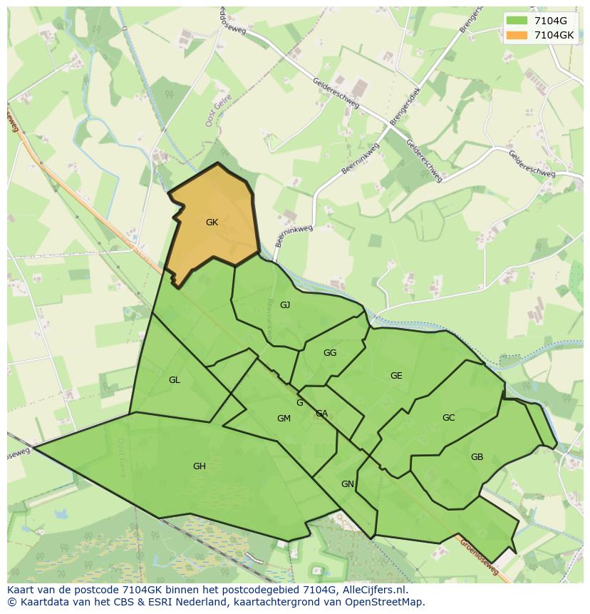 Afbeelding van het postcodegebied 7104 GK op de kaart.