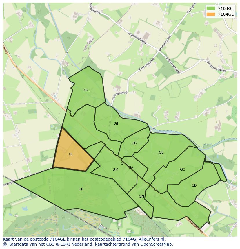 Afbeelding van het postcodegebied 7104 GL op de kaart.