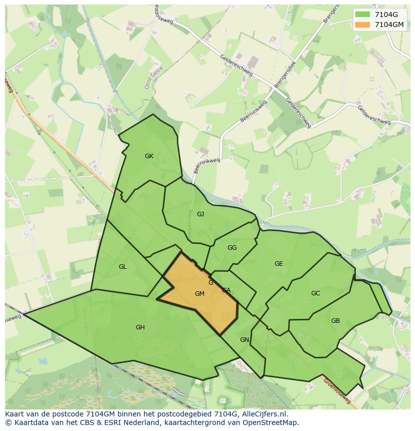 Afbeelding van het postcodegebied 7104 GM op de kaart.