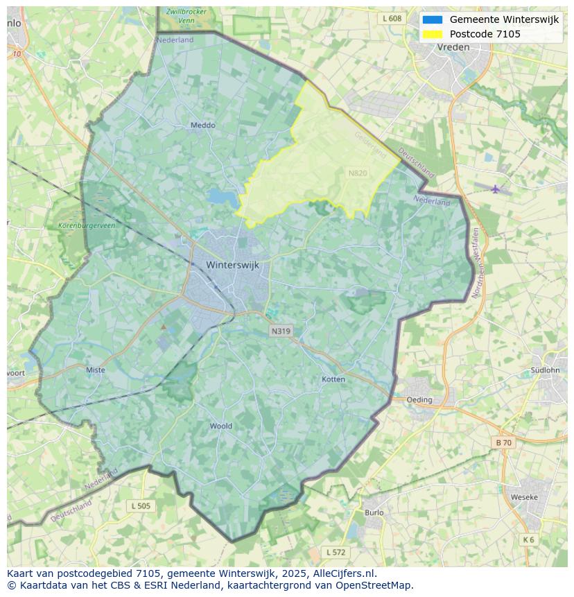 Afbeelding van het postcodegebied 7105 op de kaart.
