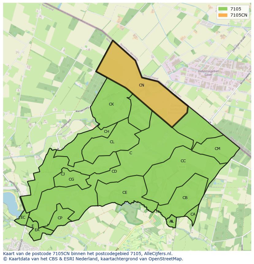 Afbeelding van het postcodegebied 7105 CN op de kaart.