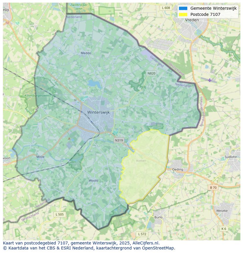 Afbeelding van het postcodegebied 7107 op de kaart.