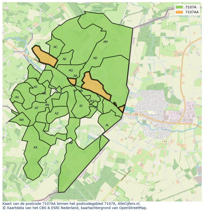 Afbeelding van het postcodegebied 7107 AA op de kaart.