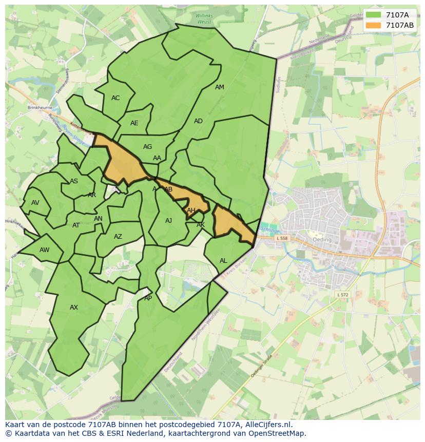 Afbeelding van het postcodegebied 7107 AB op de kaart.