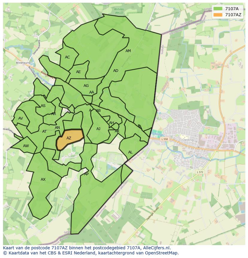 Afbeelding van het postcodegebied 7107 AZ op de kaart.