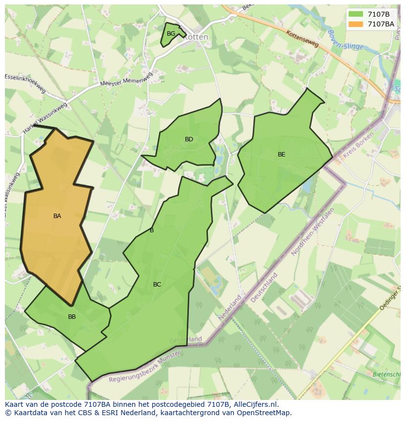 Afbeelding van het postcodegebied 7107 BA op de kaart.