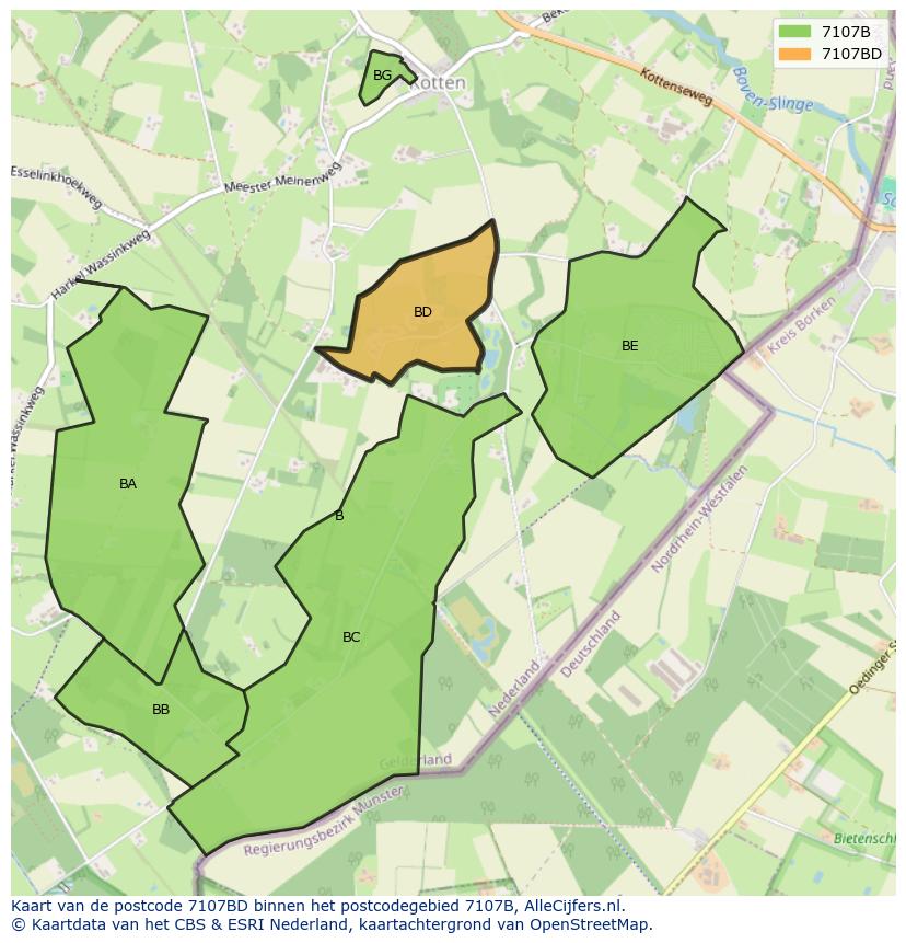 Afbeelding van het postcodegebied 7107 BD op de kaart.