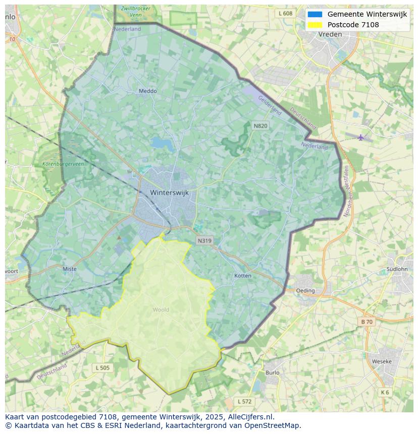 Afbeelding van het postcodegebied 7108 op de kaart.