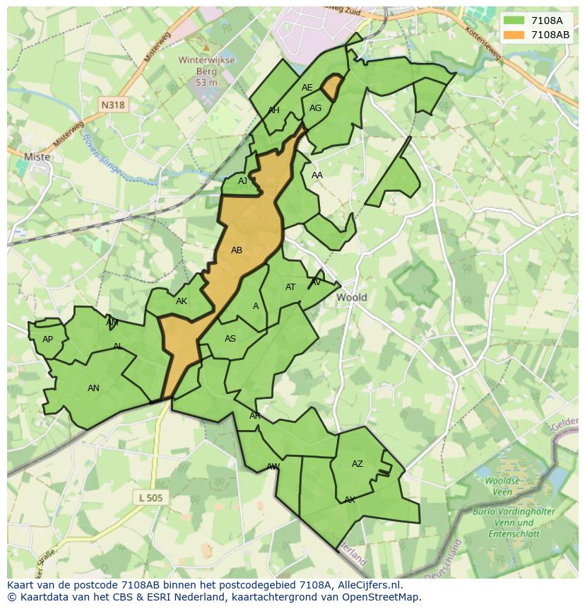 Afbeelding van het postcodegebied 7108 AB op de kaart.