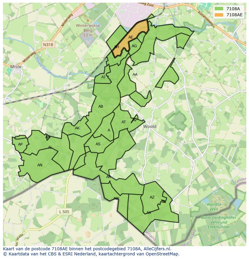 Afbeelding van het postcodegebied 7108 AE op de kaart.