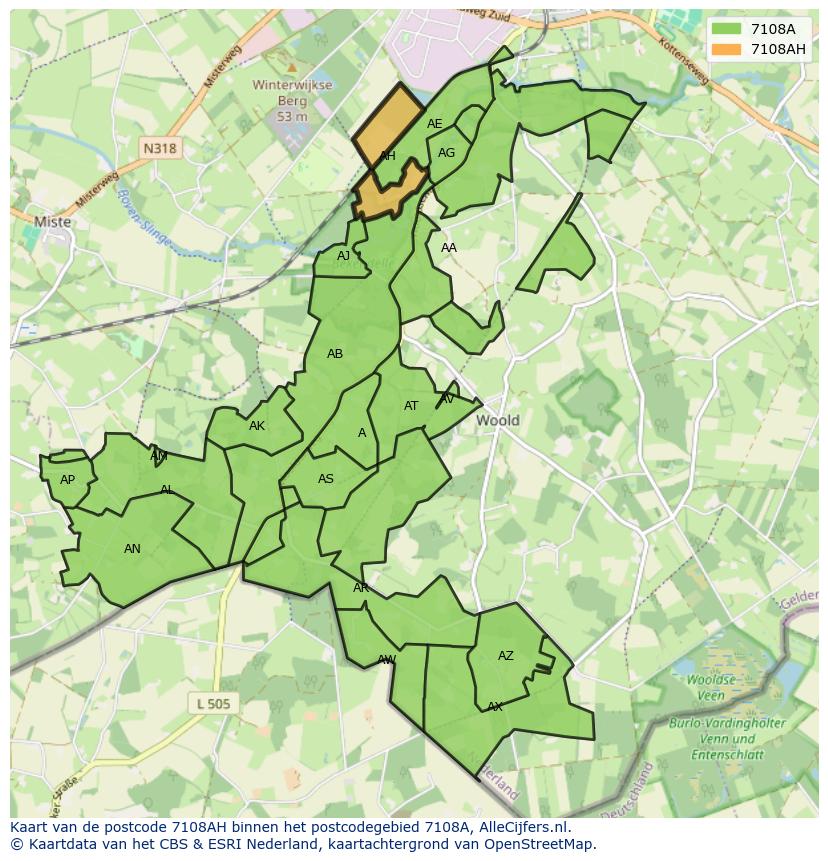 Afbeelding van het postcodegebied 7108 AH op de kaart.