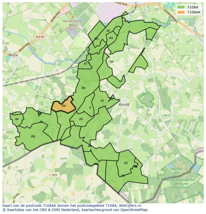 Afbeelding van het postcodegebied 7108 AK op de kaart.