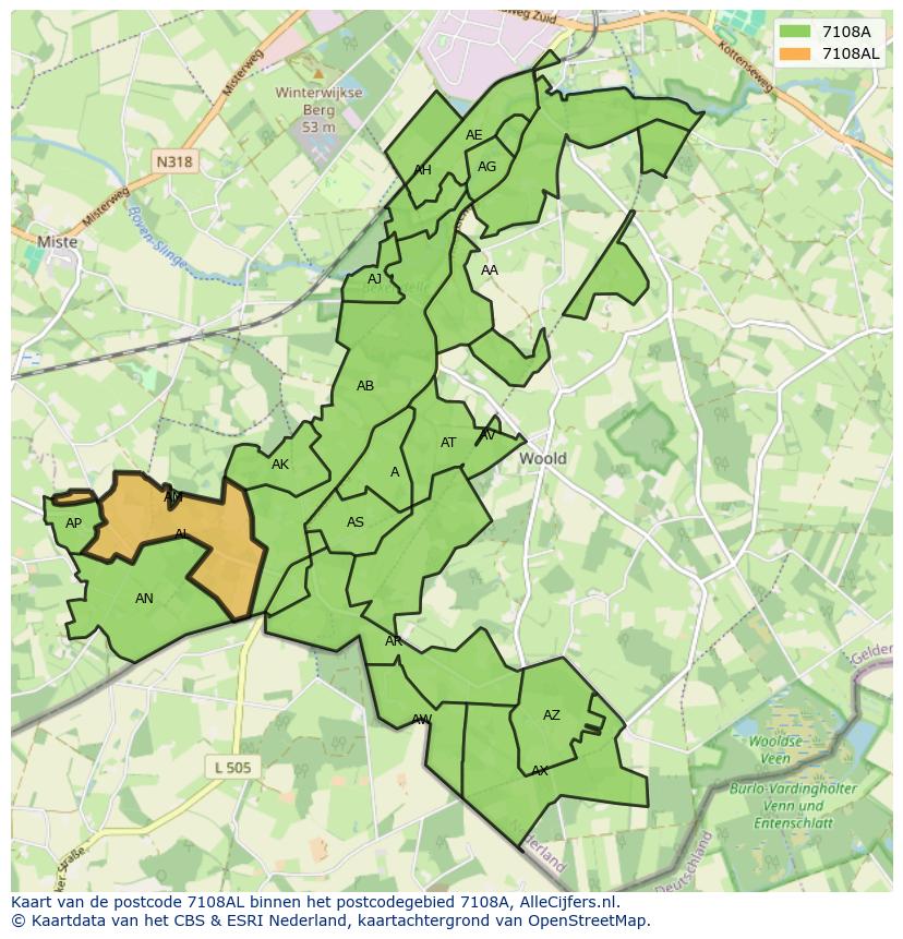 Afbeelding van het postcodegebied 7108 AL op de kaart.