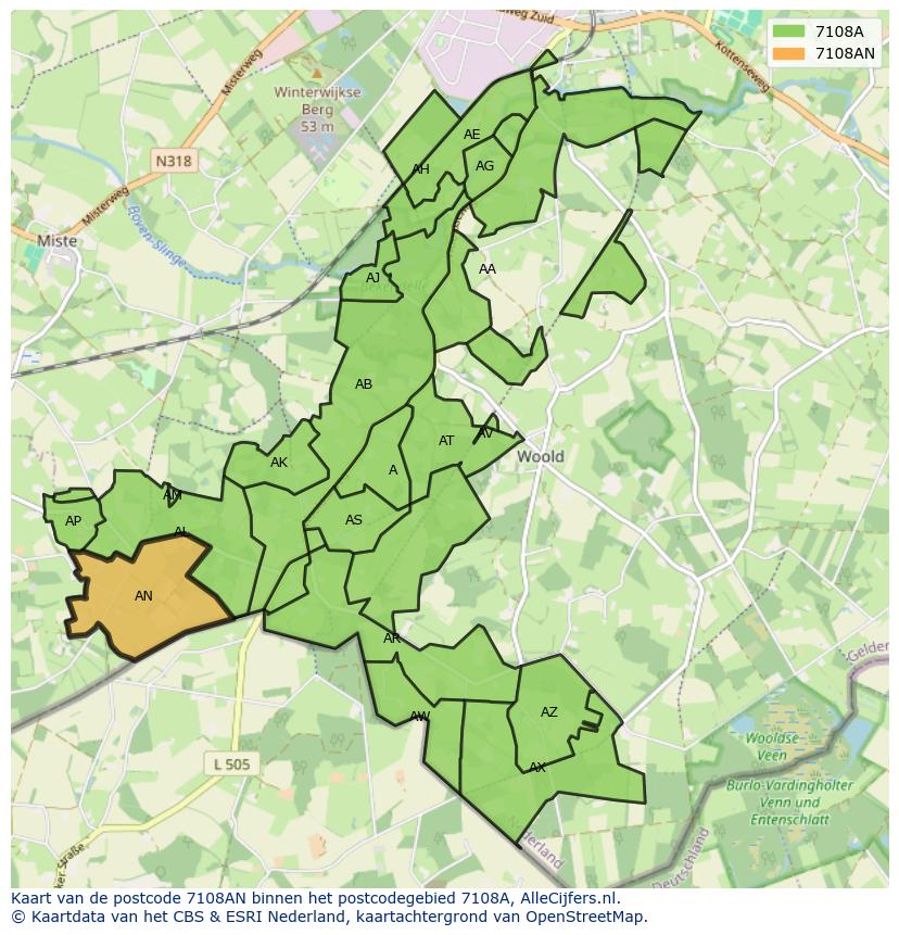 Afbeelding van het postcodegebied 7108 AN op de kaart.