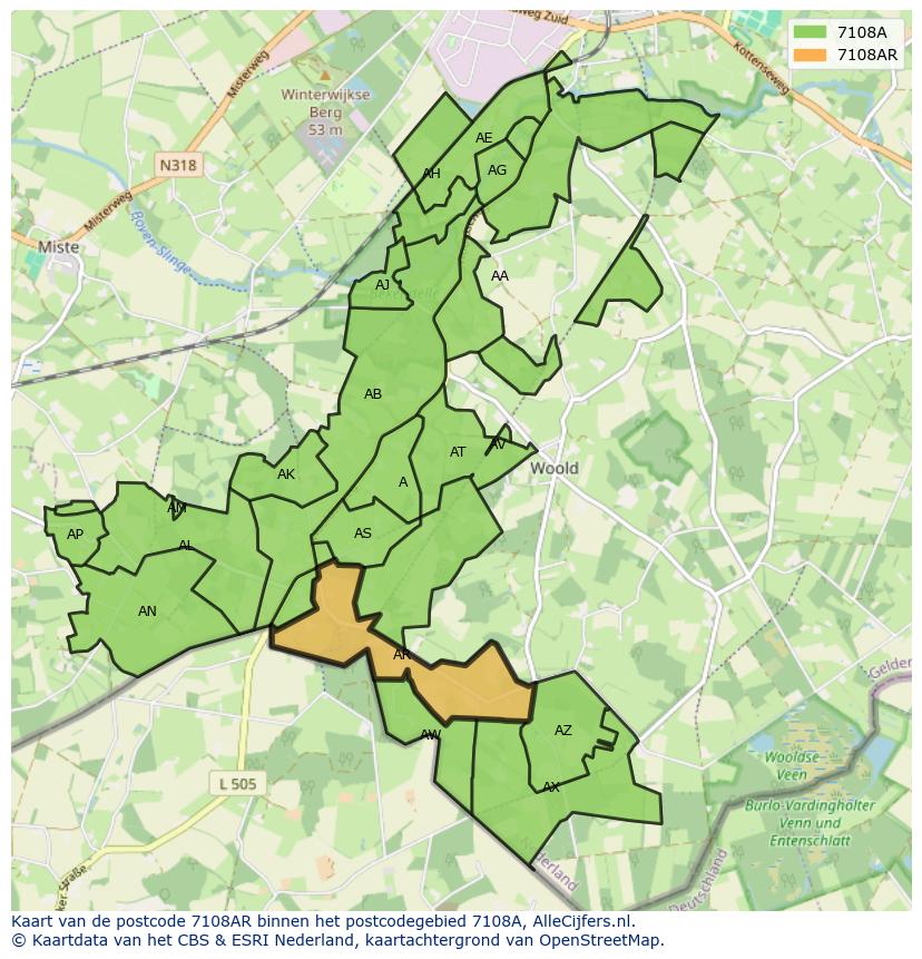 Afbeelding van het postcodegebied 7108 AR op de kaart.