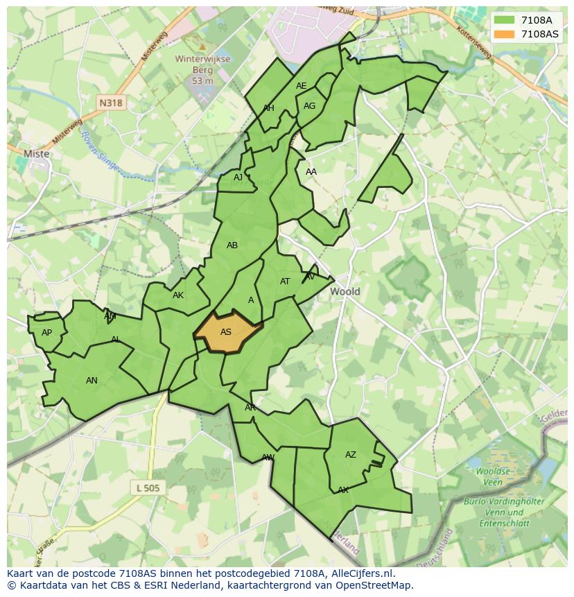 Afbeelding van het postcodegebied 7108 AS op de kaart.