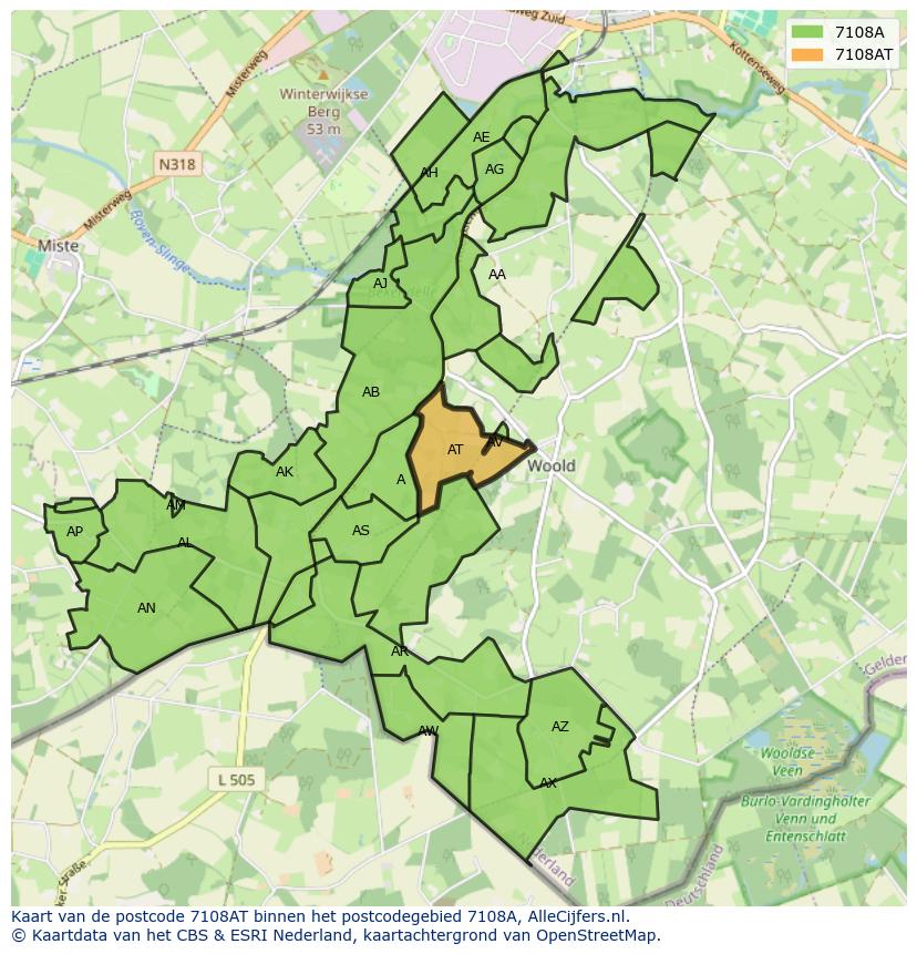 Afbeelding van het postcodegebied 7108 AT op de kaart.