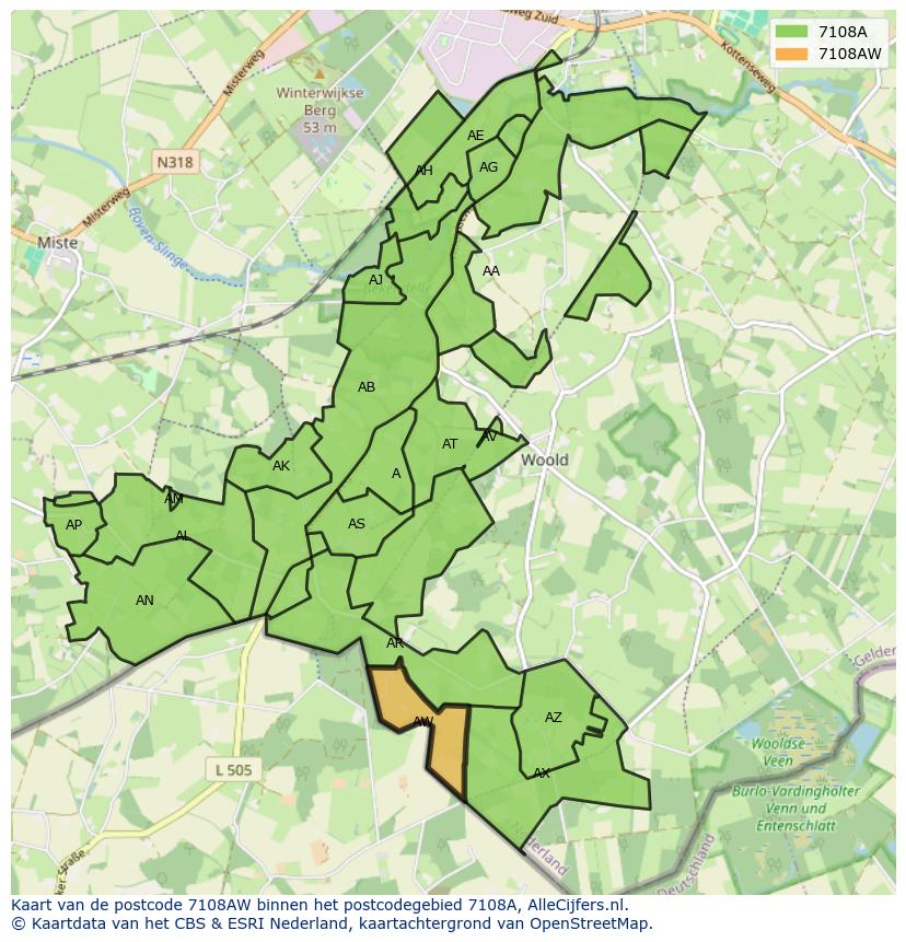 Afbeelding van het postcodegebied 7108 AW op de kaart.