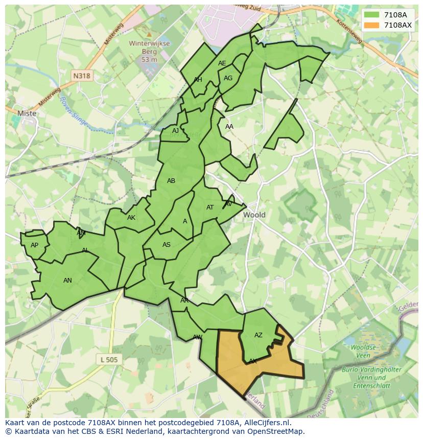 Afbeelding van het postcodegebied 7108 AX op de kaart.