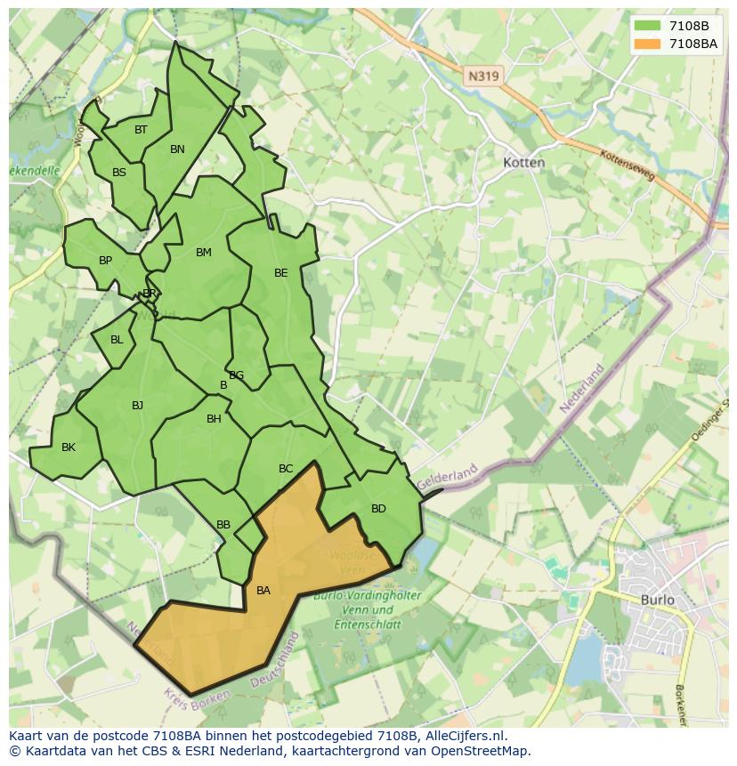 Afbeelding van het postcodegebied 7108 BA op de kaart.