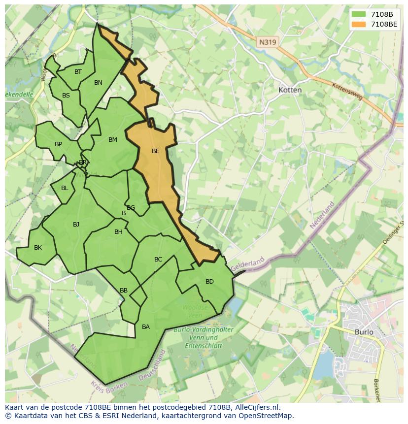 Afbeelding van het postcodegebied 7108 BE op de kaart.