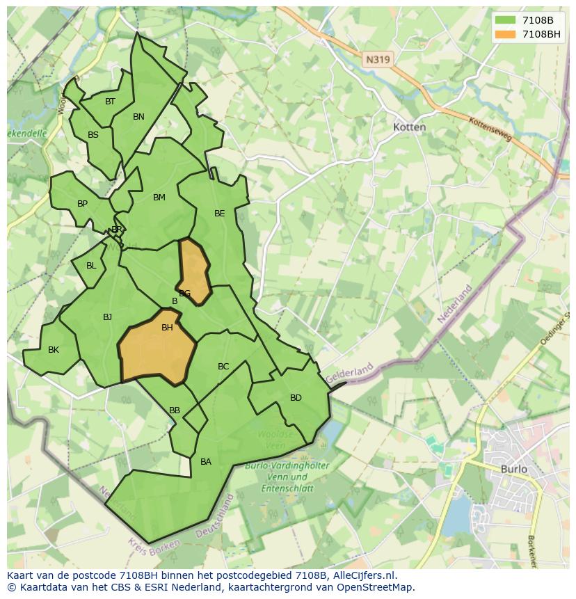 Afbeelding van het postcodegebied 7108 BH op de kaart.