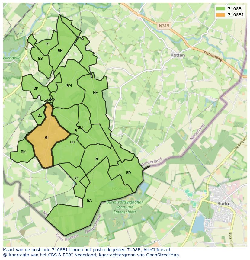 Afbeelding van het postcodegebied 7108 BJ op de kaart.