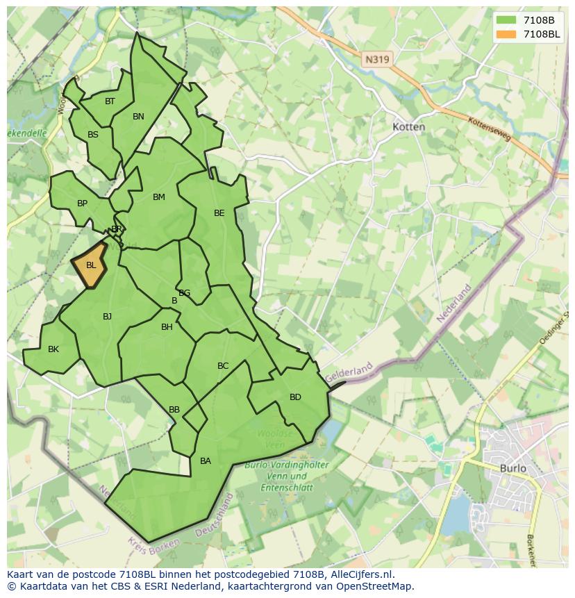 Afbeelding van het postcodegebied 7108 BL op de kaart.