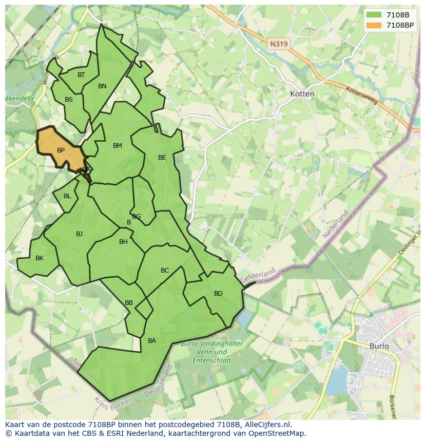 Afbeelding van het postcodegebied 7108 BP op de kaart.