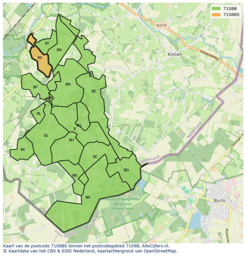 Afbeelding van het postcodegebied 7108 BS op de kaart.
