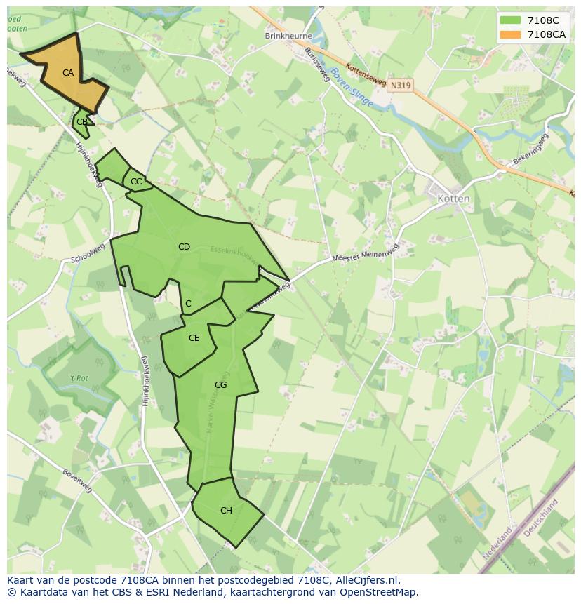 Afbeelding van het postcodegebied 7108 CA op de kaart.