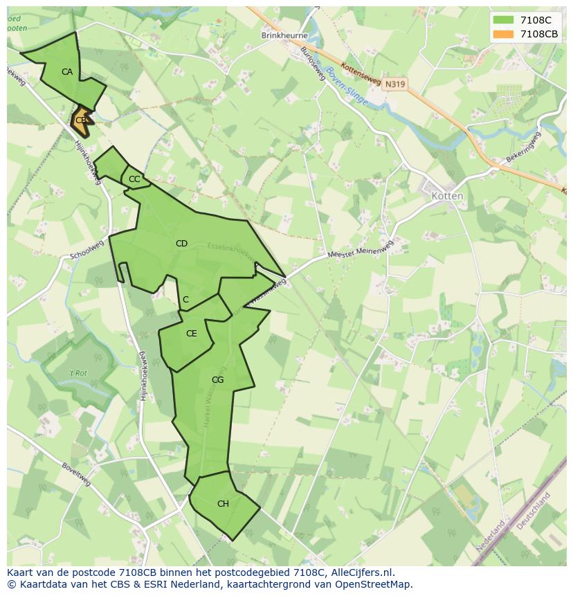 Afbeelding van het postcodegebied 7108 CB op de kaart.