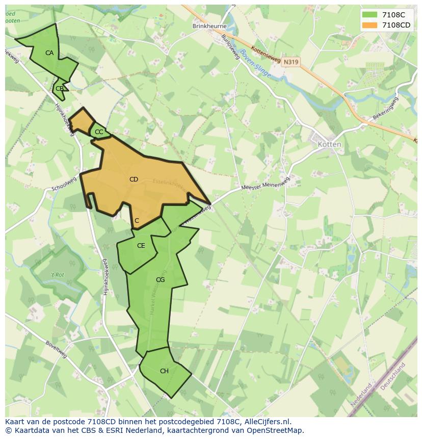 Afbeelding van het postcodegebied 7108 CD op de kaart.