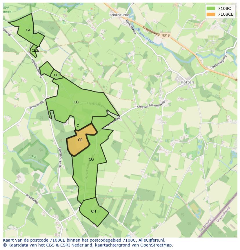 Afbeelding van het postcodegebied 7108 CE op de kaart.