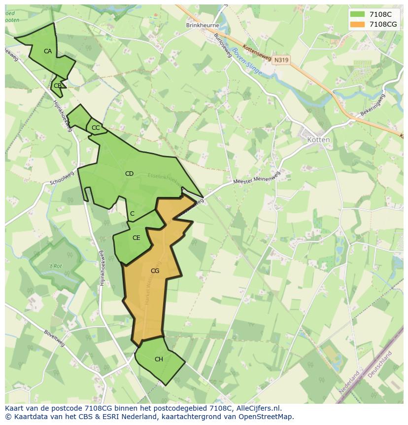 Afbeelding van het postcodegebied 7108 CG op de kaart.