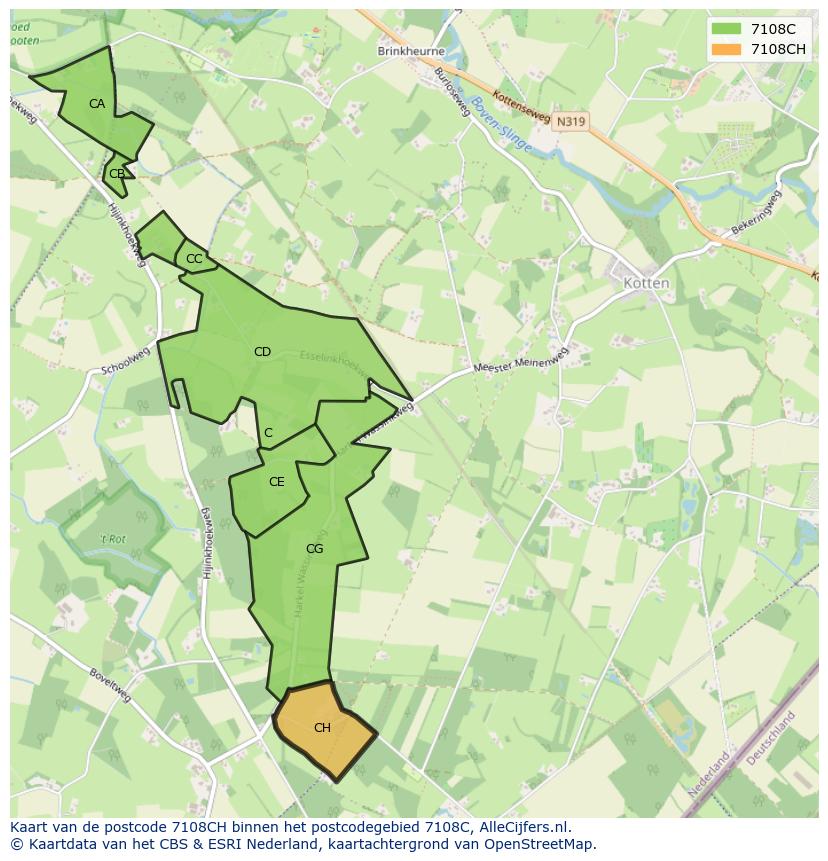 Afbeelding van het postcodegebied 7108 CH op de kaart.