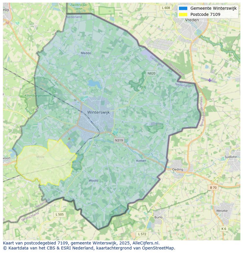 Afbeelding van het postcodegebied 7109 op de kaart.